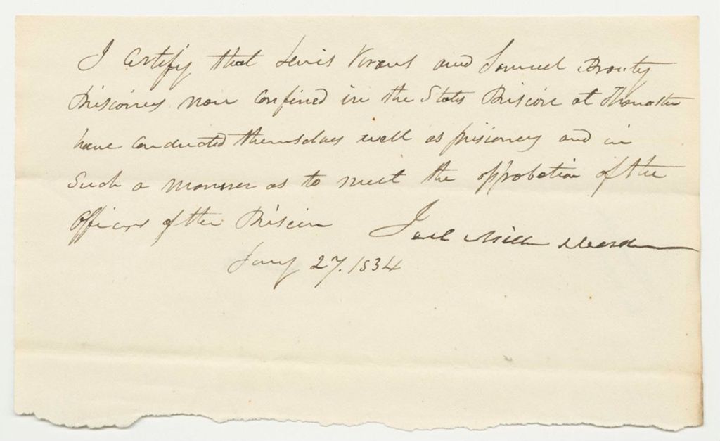 Miniature of Certificate of Joel Miller, Warden, on the Conduct of Levis Kraus and Samuel Prouty in Prison