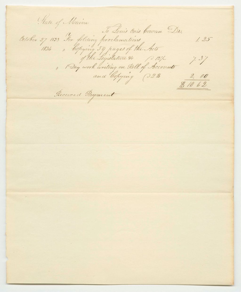 Miniature of Account of Louis Onis Cowan, Clerk in the Secretary of State's Office