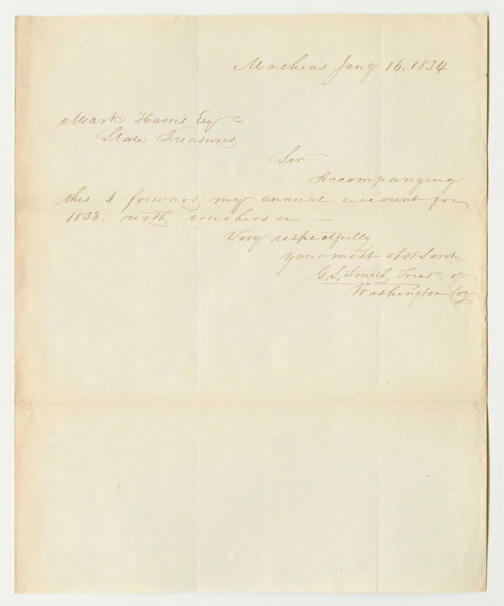 Miniature of Communication from George S. Smith, Treasurer of Washington County, Forwarding His Account