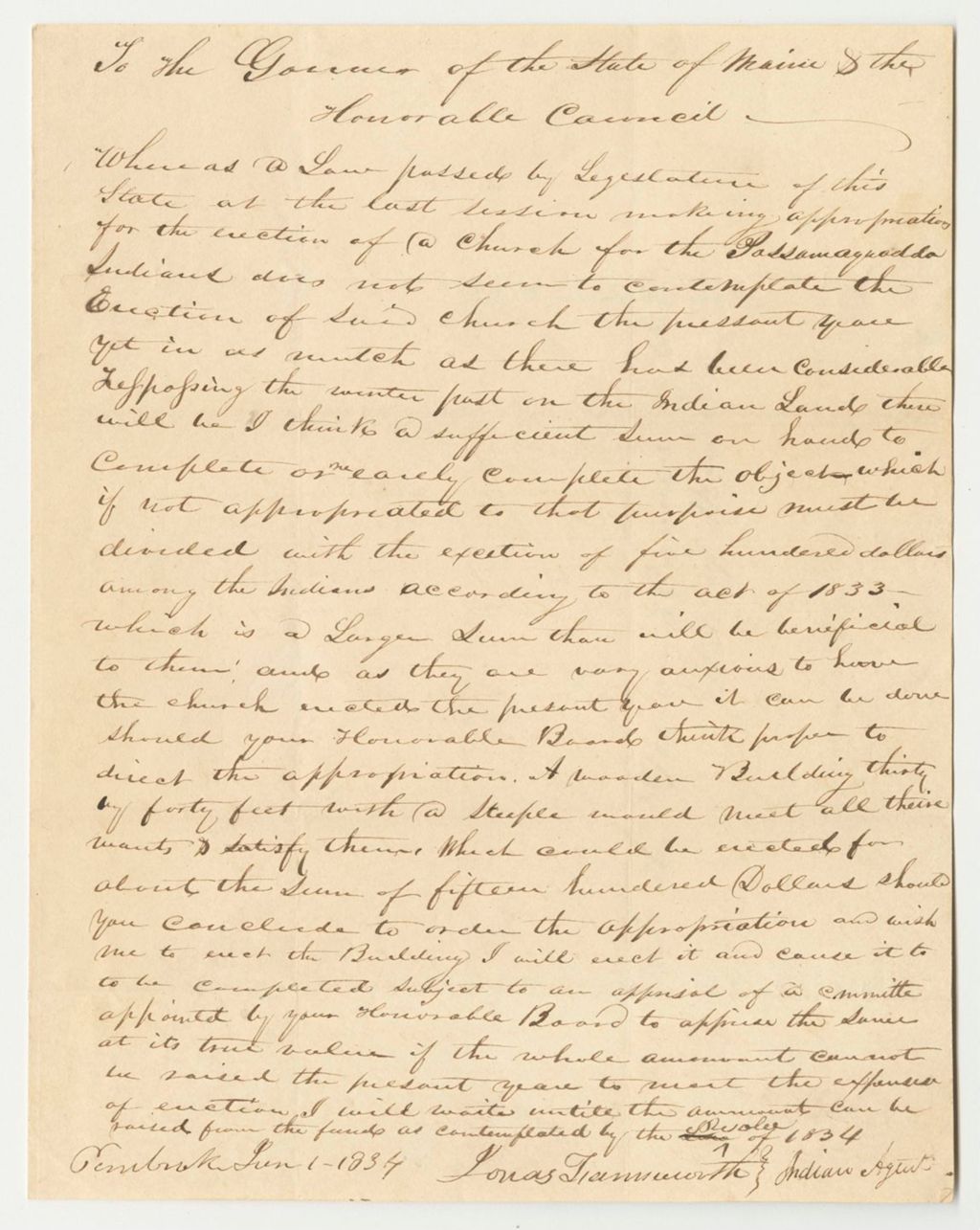 Miniature of Communication from Jonas Farnsworth, Agent of Passamaquoddy Indians, on the Construction of a Church and Trespassing on Passamaquoddy Land