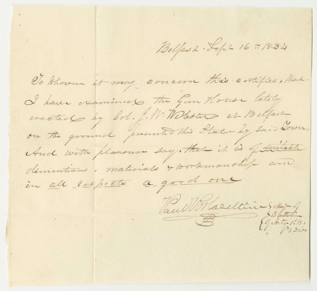 Miniature of Paul Hazeltine's Certificate of the Examination of the Gun House in Belfast