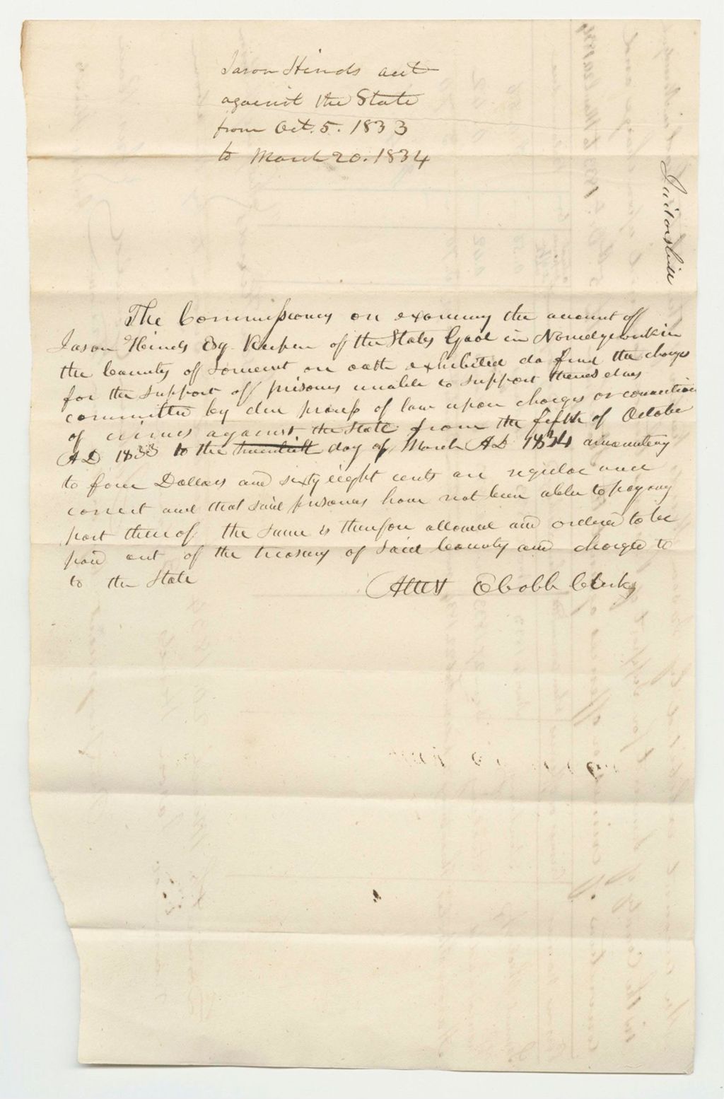 Miniature of Account of Jason Hinds, Keeper of the State's Gaol in Norridgewock in the County of Somerset for Support of Prisoners Therein Confined Upon Charge and Conviction of Crimes or Offences Against the State from October 5th 1833 to March 20th 1834
