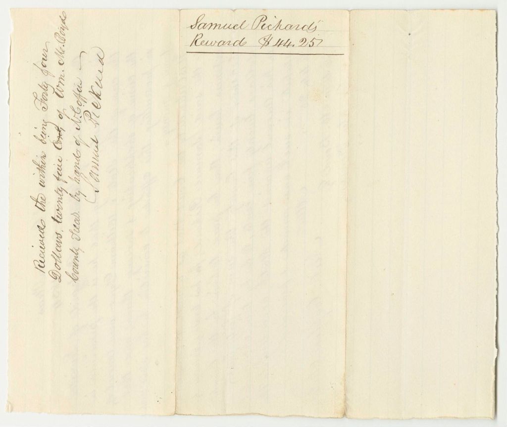 Miniature of Reward for Samuel Pickard for Prosecuting in State v. William Dyer, at the Court of Common Pleas in Lincoln County
