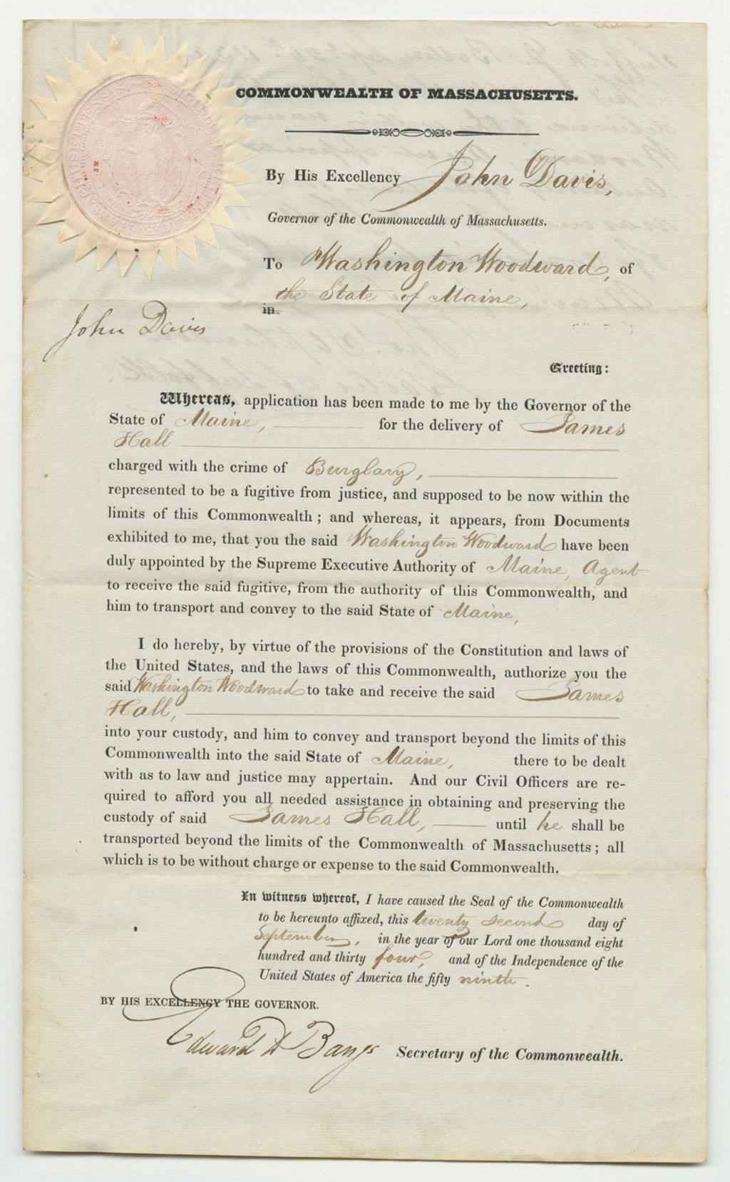 Miniature of Warrant for the Removal of James Hall, Fugitive, from Massachusetts to Maine