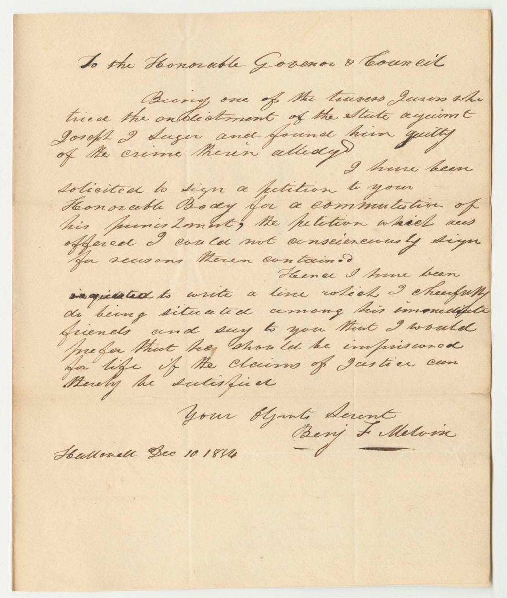 Miniature of Communication from Benjamin F. Melvin, Traverse Juror, Relating to the Petition for the Commutation of Joseph Sager's Death Sentence