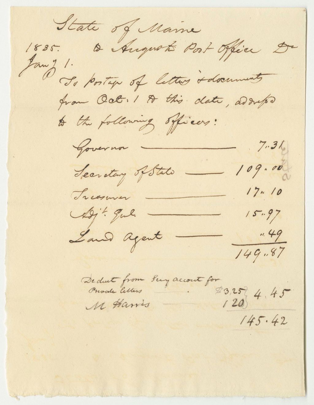 Miniature of Account of Joseph Chandler, Postmaster of Augusta, for Postage of Letters and Public Documents