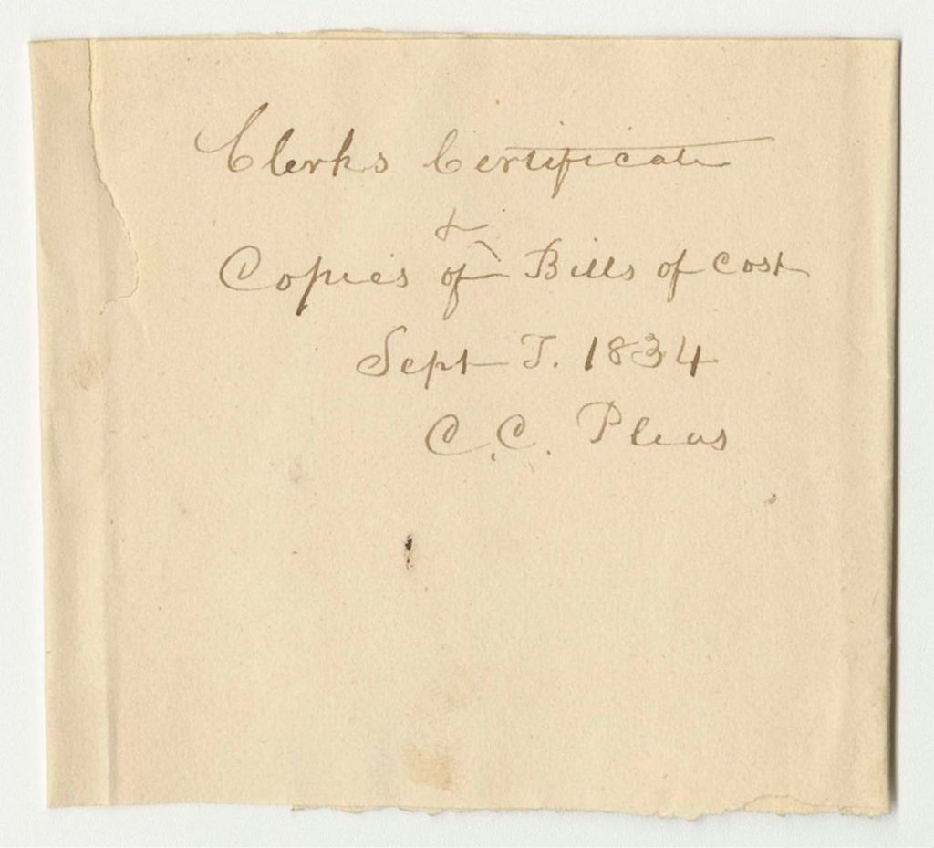 Miniature of Clerk's Certificate and Bills of Costs at the Court of Common Pleas in Washington County, September Term 1834