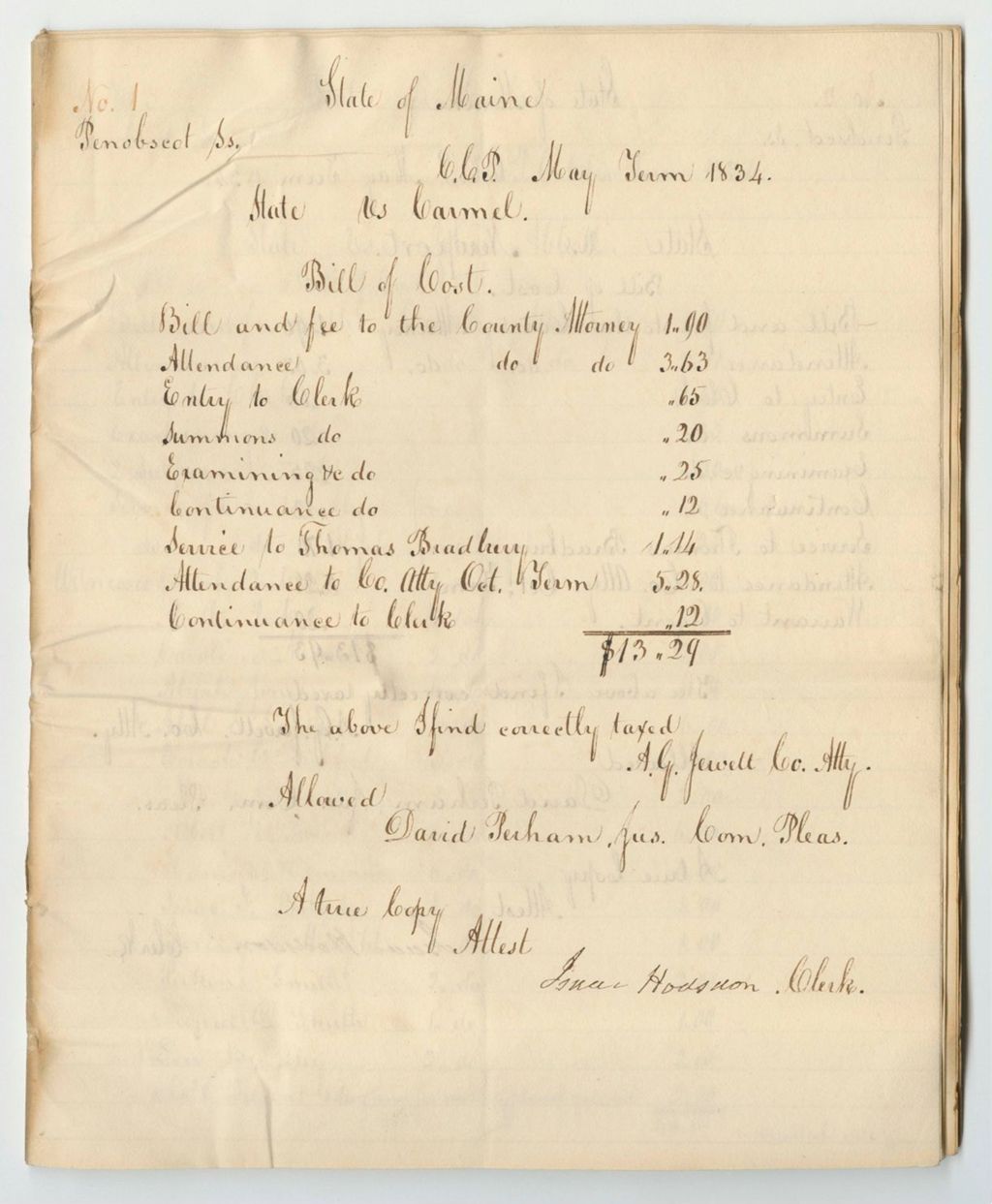 Miniature of Bills of Cost at the Court of Common Pleas in Penobscot County, May Term 1834