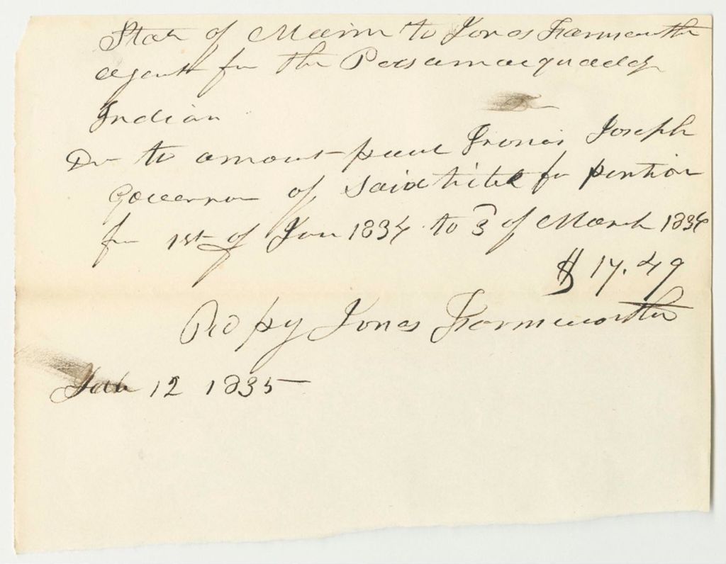 Miniature of Receipt for the Pension of Francis Joseph, Governor of the Passamaquoddy Tribe