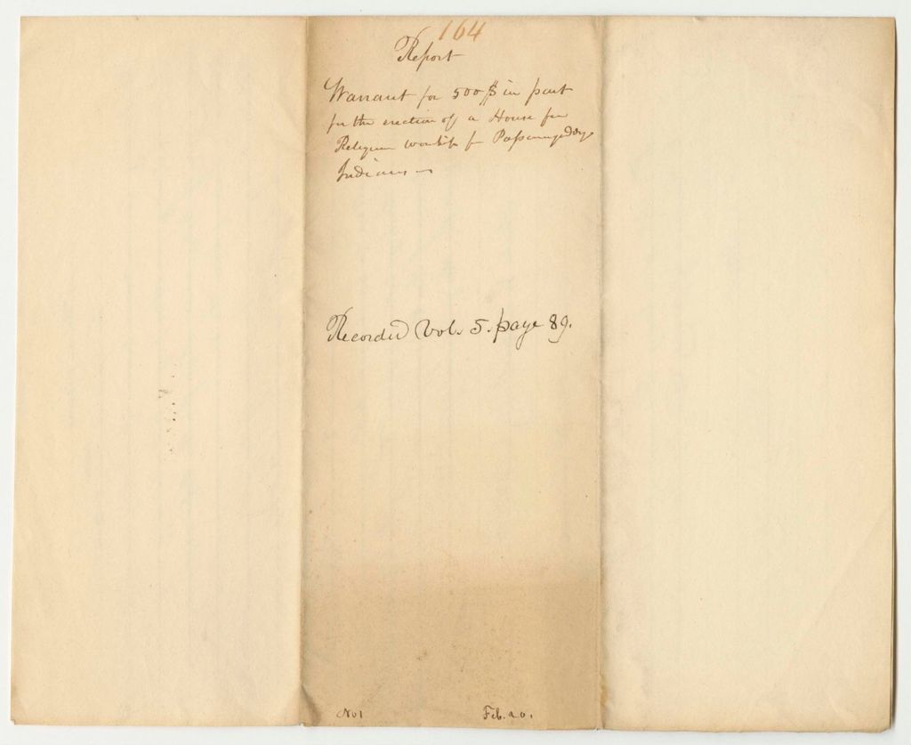 Miniature of Report 164: Warrant for $500 in Part for the Erection of a House for Religious Worship for Passamaquoddy Indians