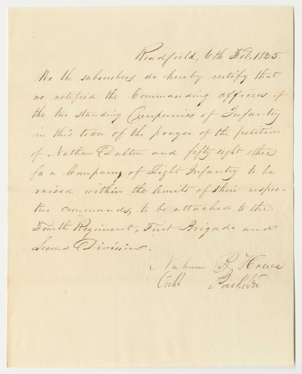 Miniature of Certificate That the Commanding Officers of the Standing Companies of Infantry in Readfield Were Notified of the Petition of Nathan Dalton to Raise a Light Infantry