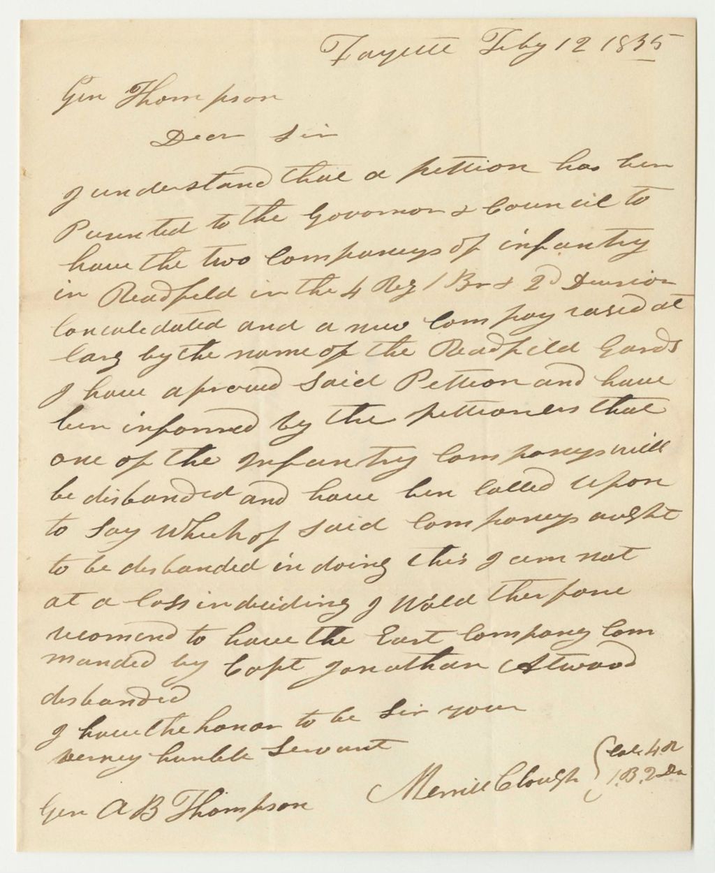 Miniature of Communication from Merrill Clough, Recommending the Disbanding of the East Company Commanded by Capt. Jonathon Atwood