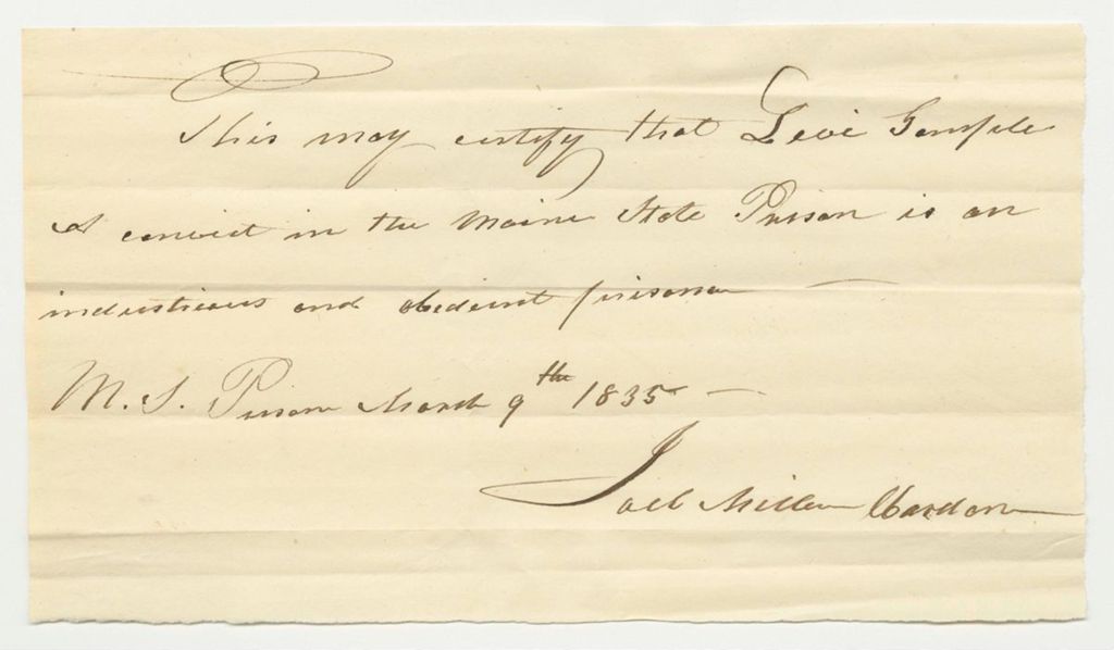 Miniature of Certificate of Joel Miller, Warden, on the Conduct of Levi Temple in Prison