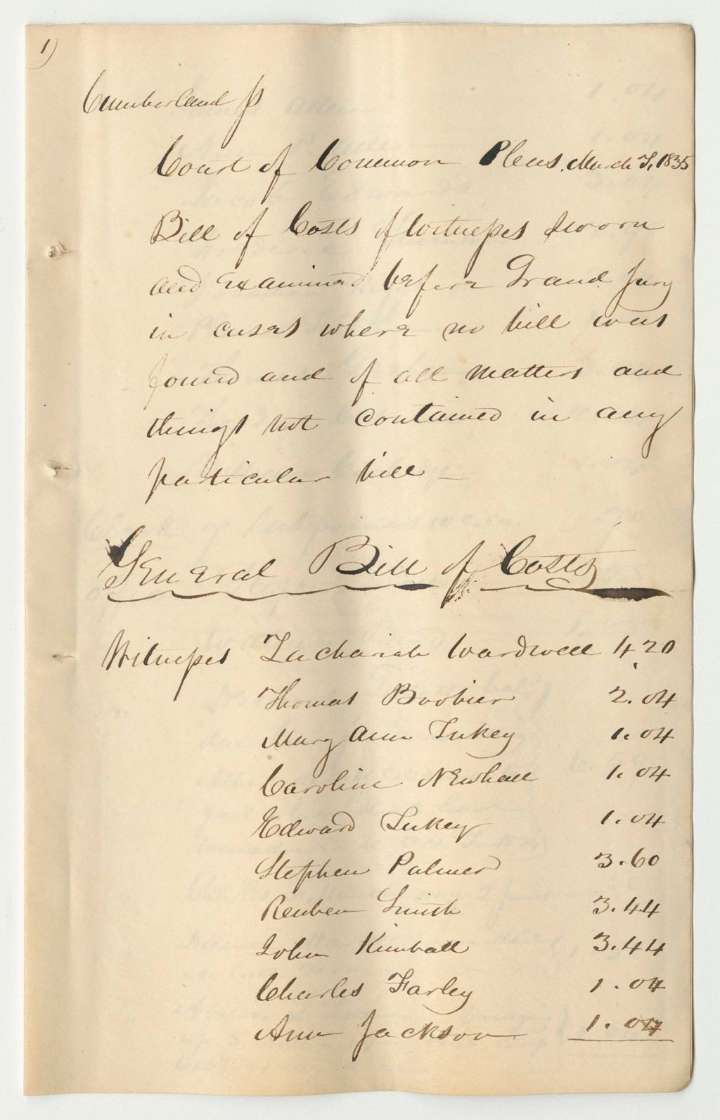 Miniature of Bills of Cost at the Court of Common Pleas in Cumberland County, March Term 1835