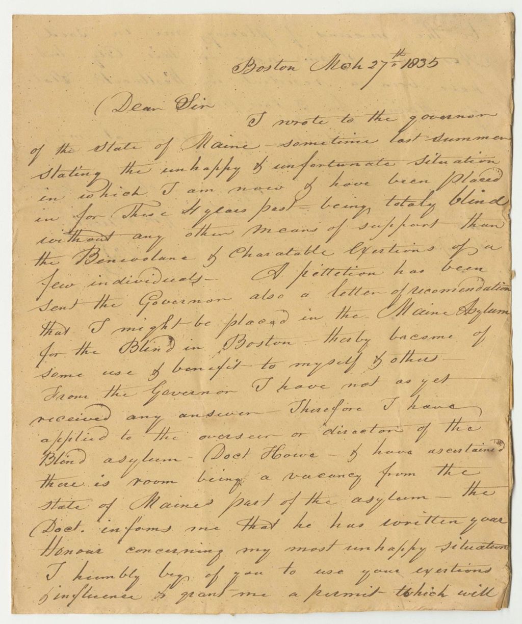 Miniature of Application of William Burley to the Maine Asylum for the Blind in Boston