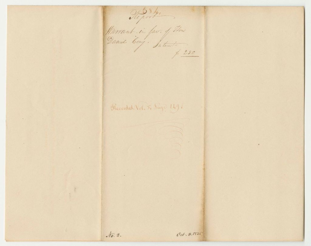 Miniature of Report 284: Warrant in Favor of the Honorable Daniel Cony for Interest on His Loan to the State