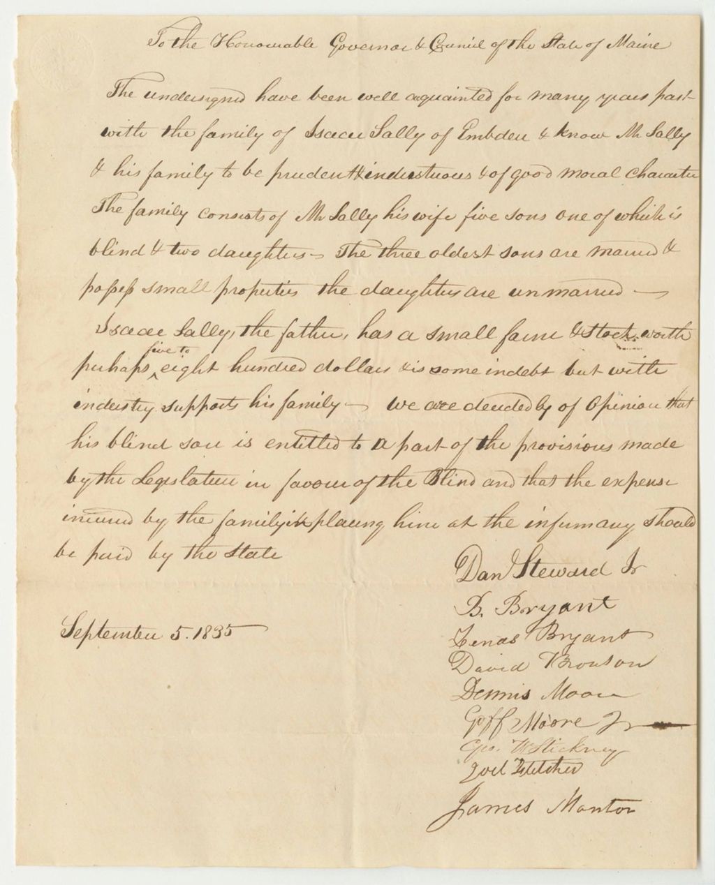 Miniature of Petition for the State to Pay Jacob Salley's Expenses in the Infirmary