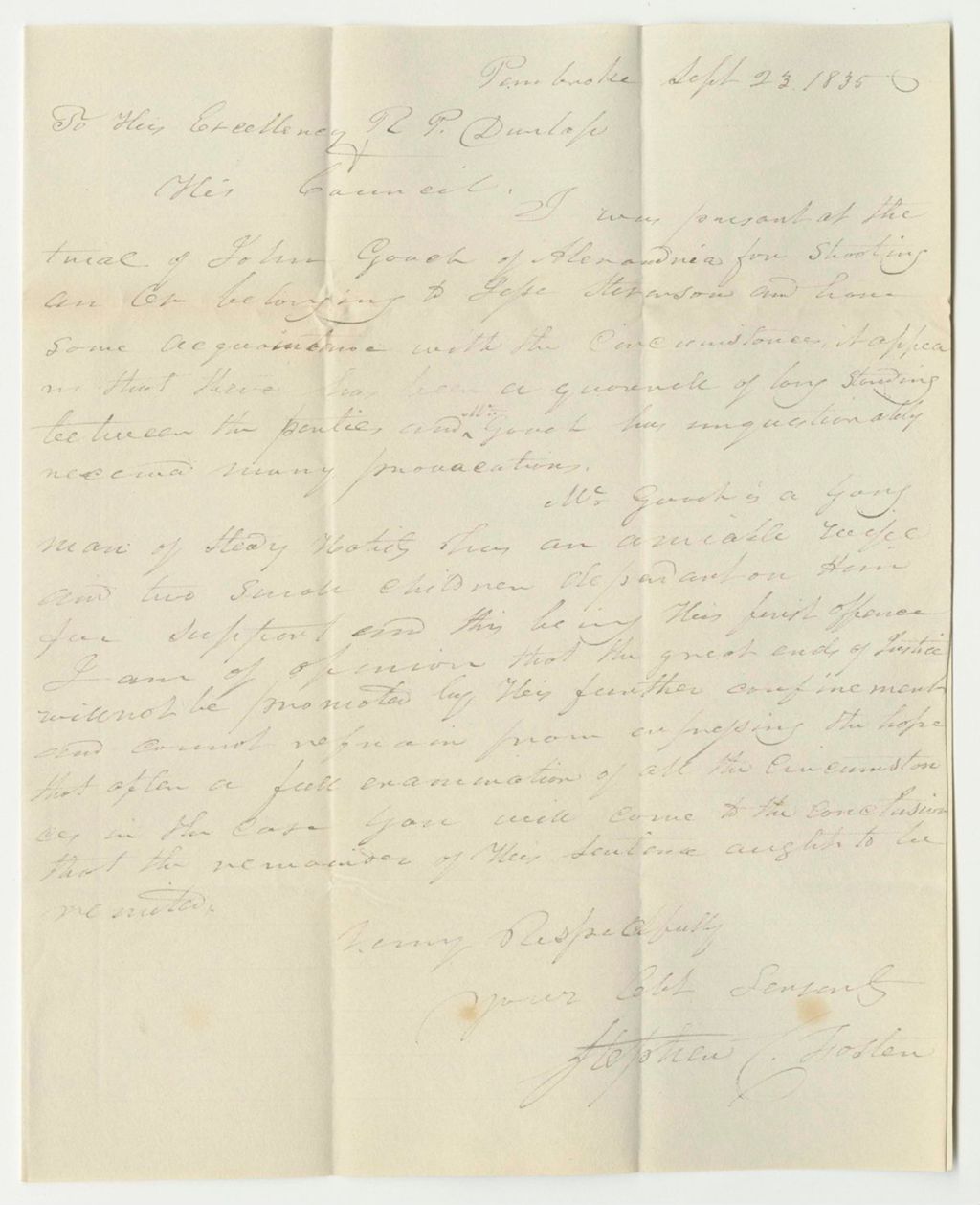 Miniature of Communication from Stephen C. Foster, in Favor of the Pardon for John Gooch
