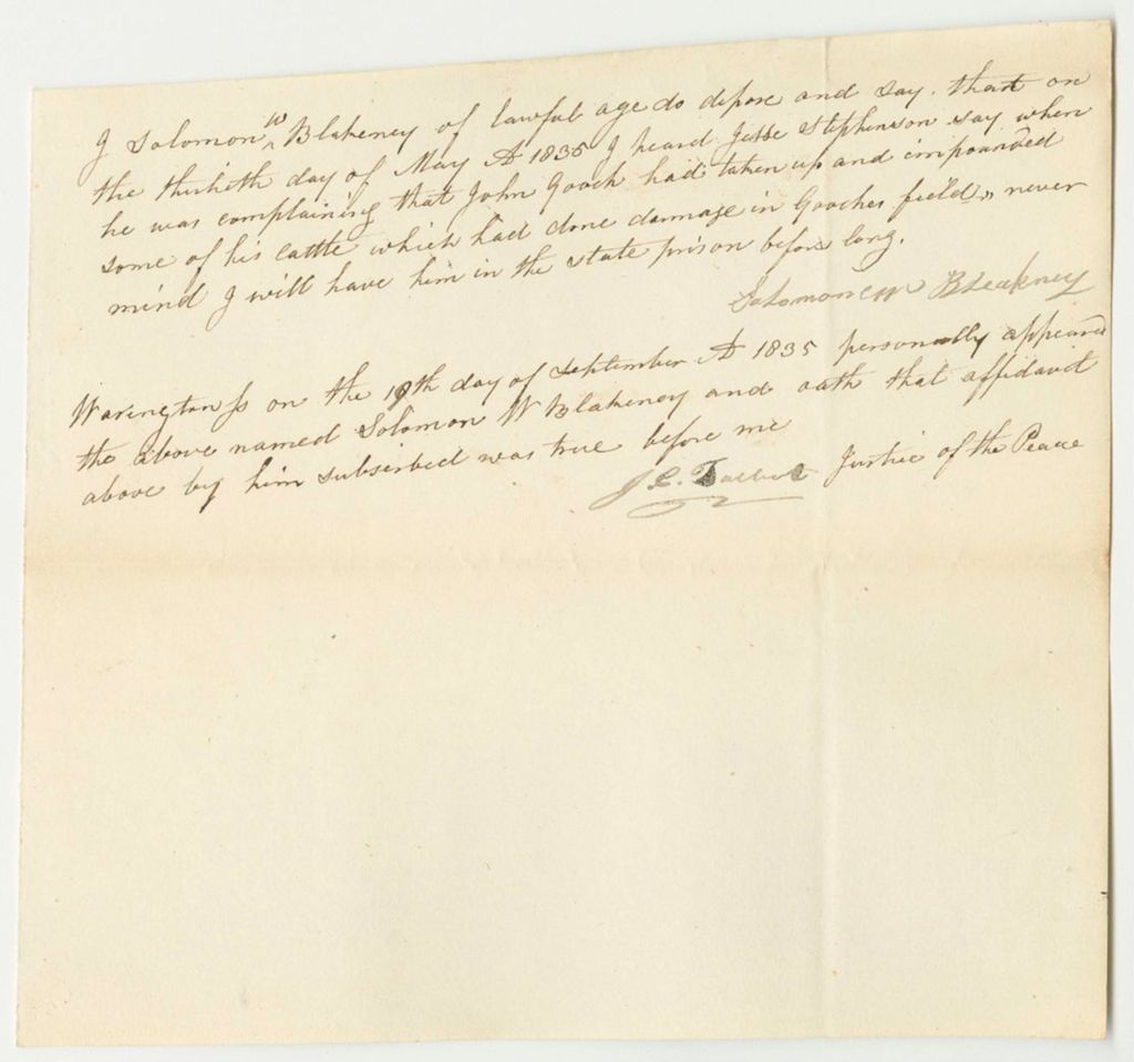 Miniature of Affidavit of Solomon Bleakney, for State v. John Gooch
