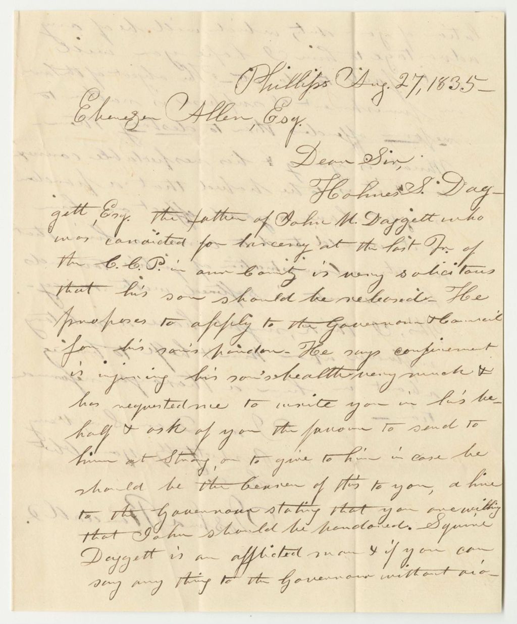 Miniature of Communication from Joshua Randall, in Favor of the Pardon of John M. Dagget