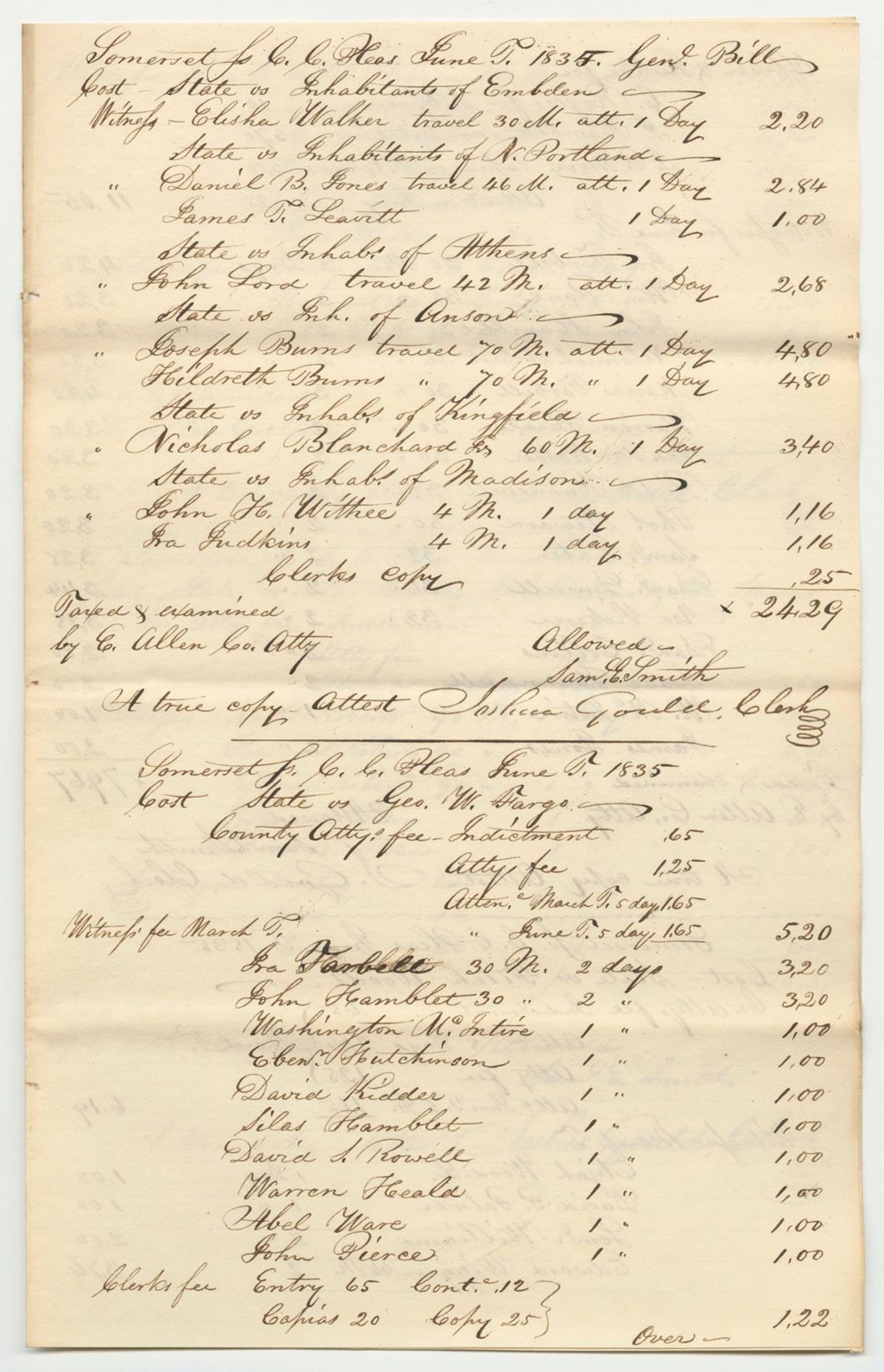 Miniature of General Bill of Cost at the Court of Common Pleas in Somerset County, June Term 1835