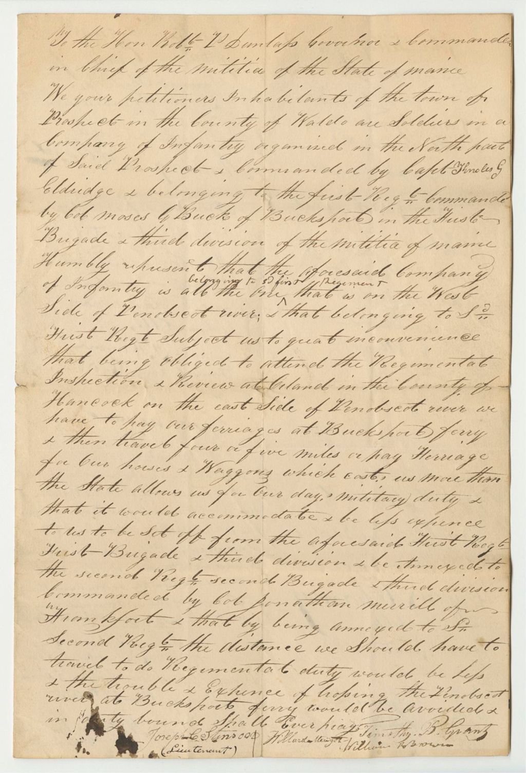 Miniature of Petition of the Inhabitants of the Town of Prospect for the Company of Infantry To Be Set Off From the First Regiment First Brigade and Third Division and Annexed to the Second Regiment