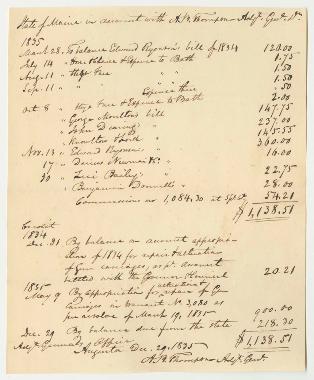 Miniature of Account of Abner B. Thompson, Adjutant General, for Gun Carriages