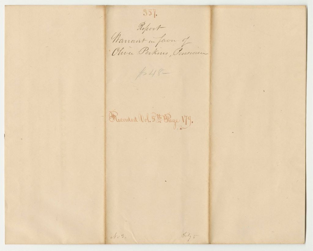 Miniature of Report 357: Warrant in Favor of Oliver Perkins, Pensioner