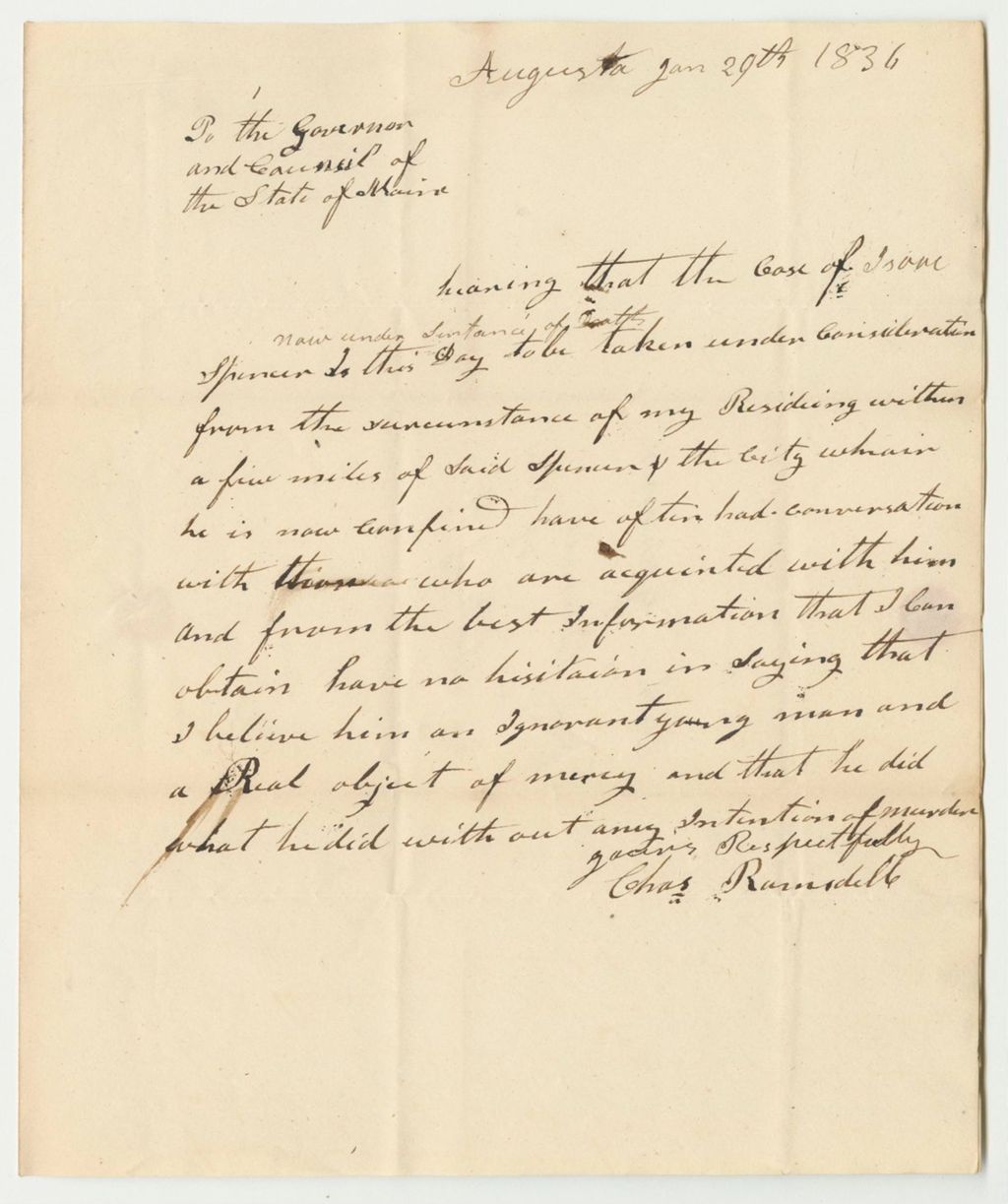 Miniature of Letter from Charles Ramsdell, in Relation to Isaac Spencer