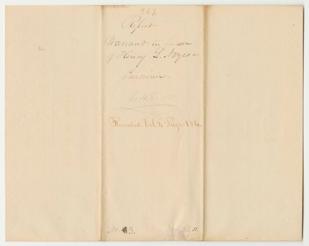 Miniature of Report 367: Warrant in Favor of Henry L. Noyes, a Pensioner