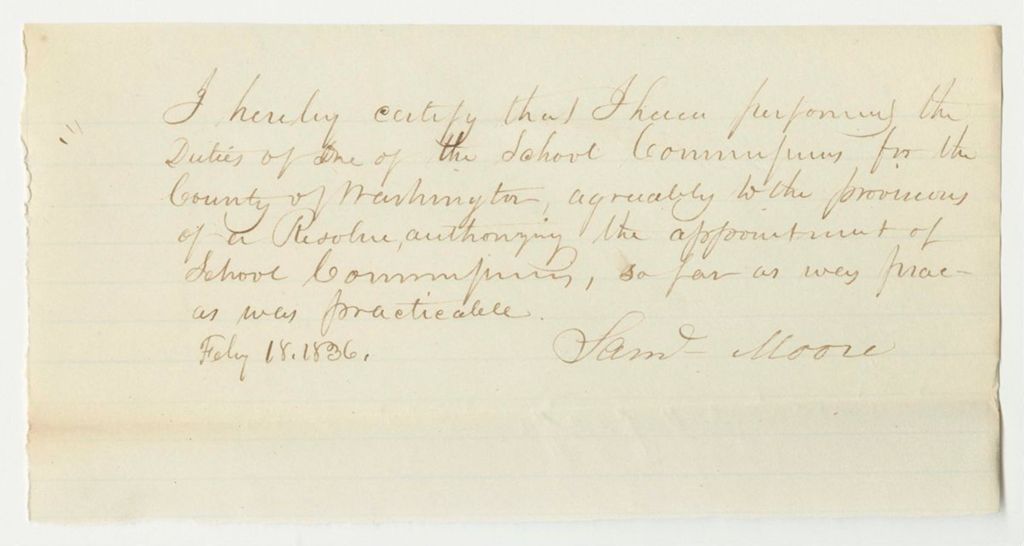 Miniature of Certificate of Samuel Moore, Commissioner of Public Schools of Washington County