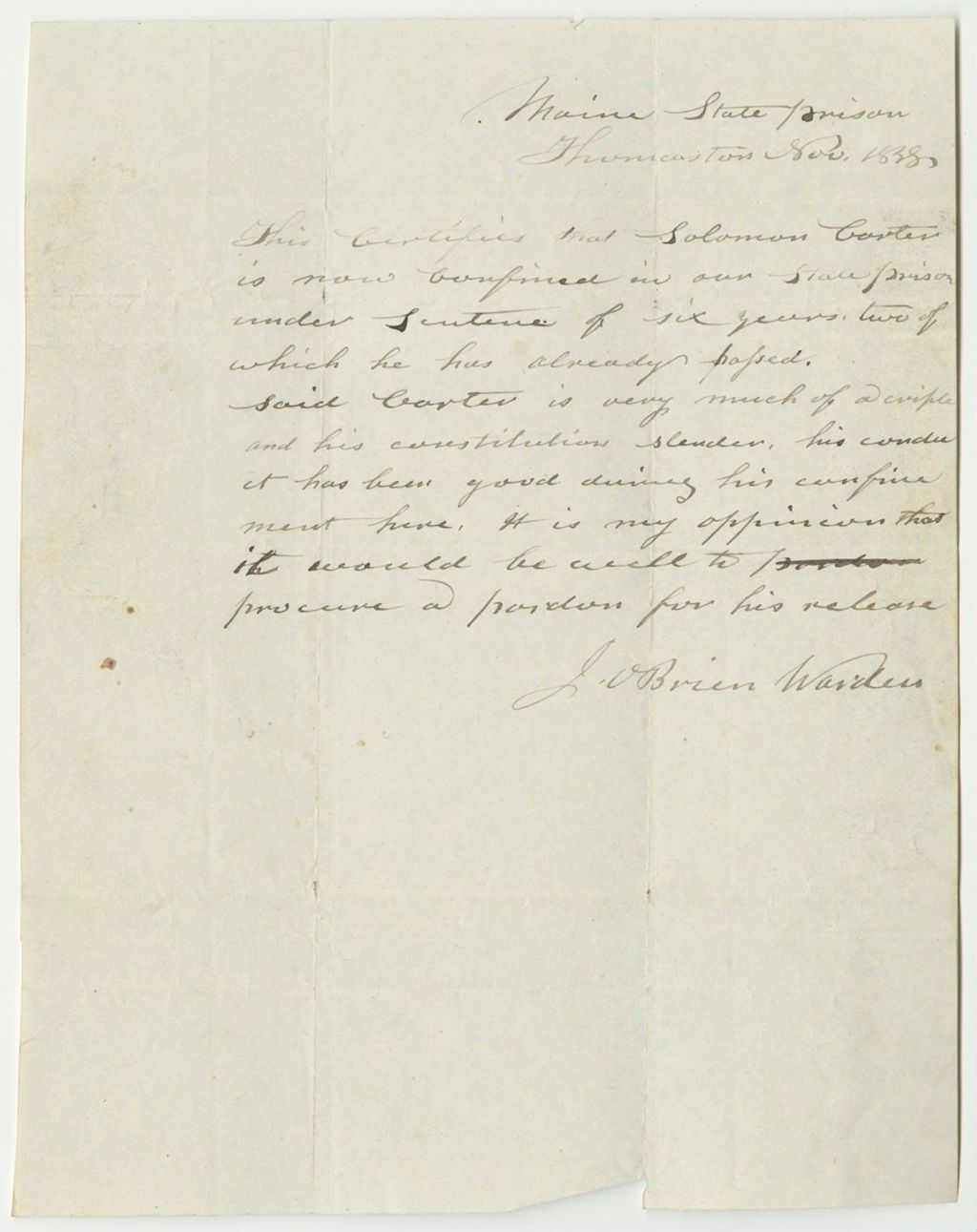 Miniature of Certificate of John O'Brien, Warden, on the Conduct of Solomon Carter in Prison