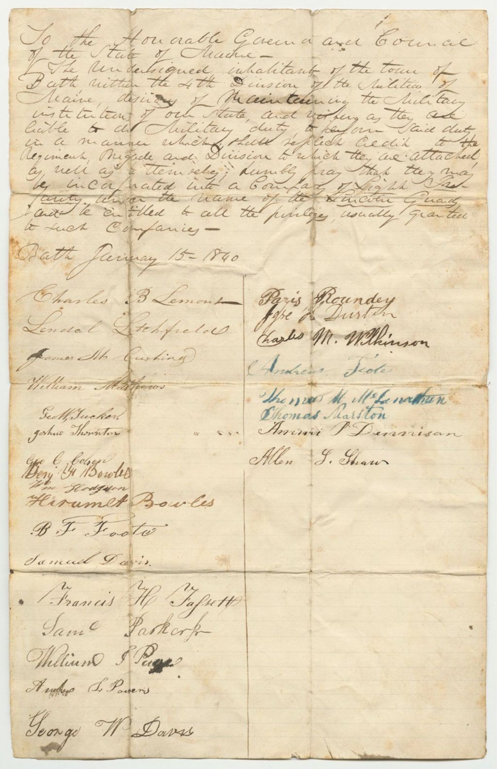 Miniature of Petition of Charles B. Lemont and Others for the Organization of a Light Infantry Company in Bath