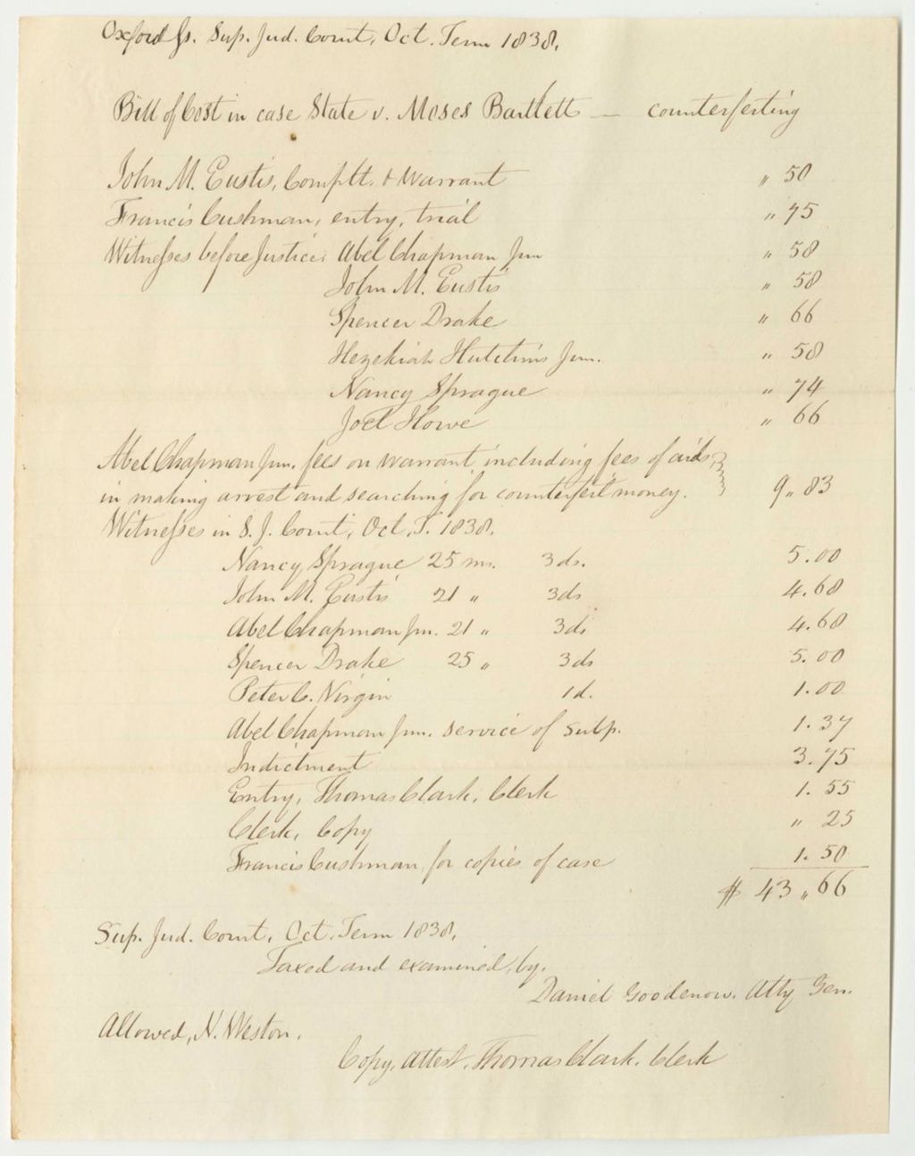 Miniature of Bills of Costs at the Supreme Judicial Court in Oxford County, October Term 1838