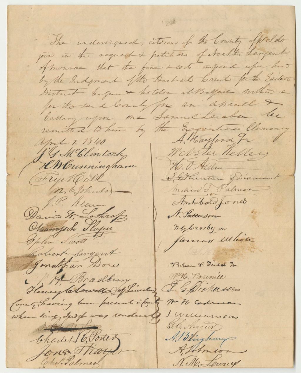 Miniature of Petition of the Citizens of Waldo County for the Pardon of Noah D. Sargent