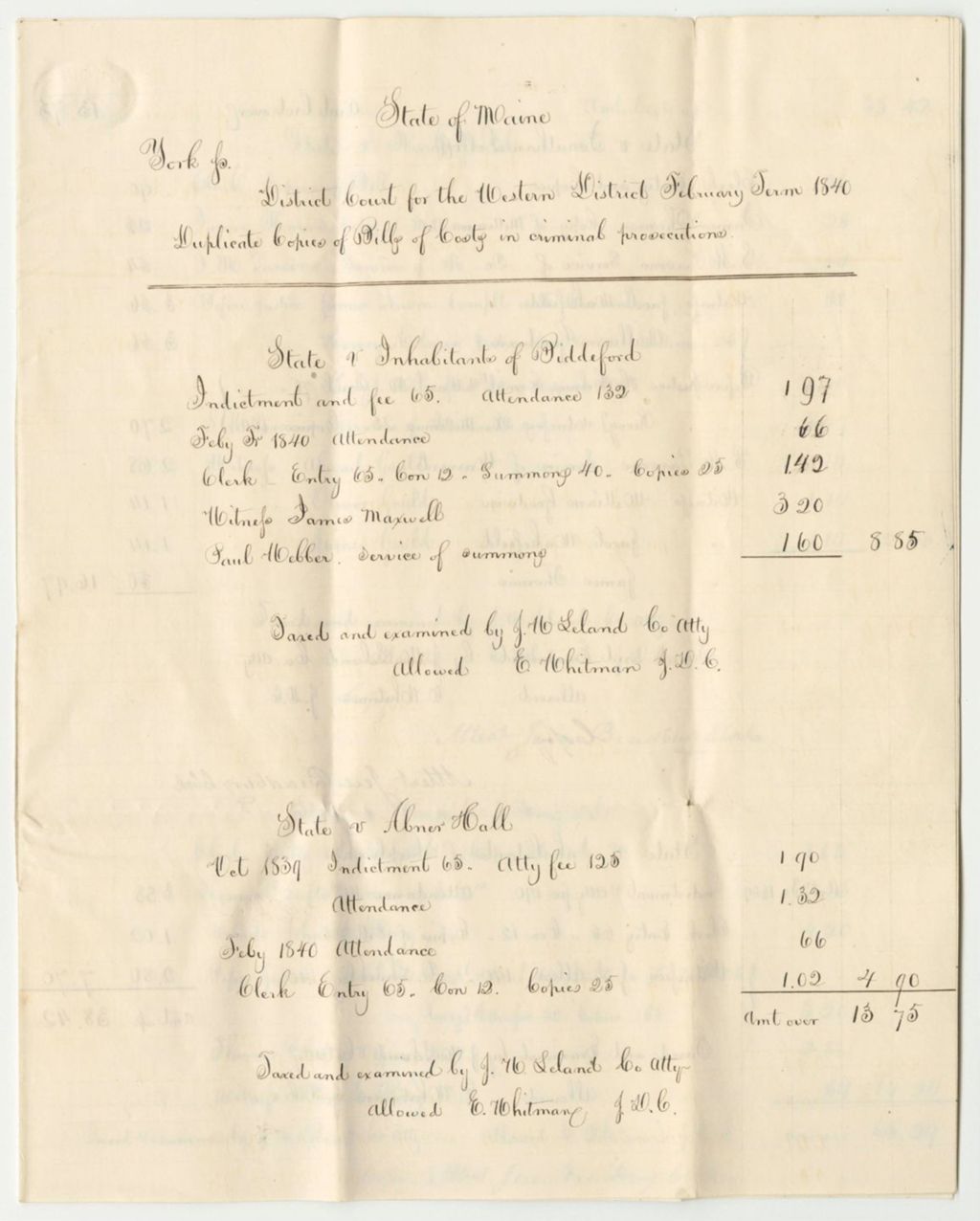 Miniature of Bills of Cost at the District Court for the Western District in York County, February Term 1840
