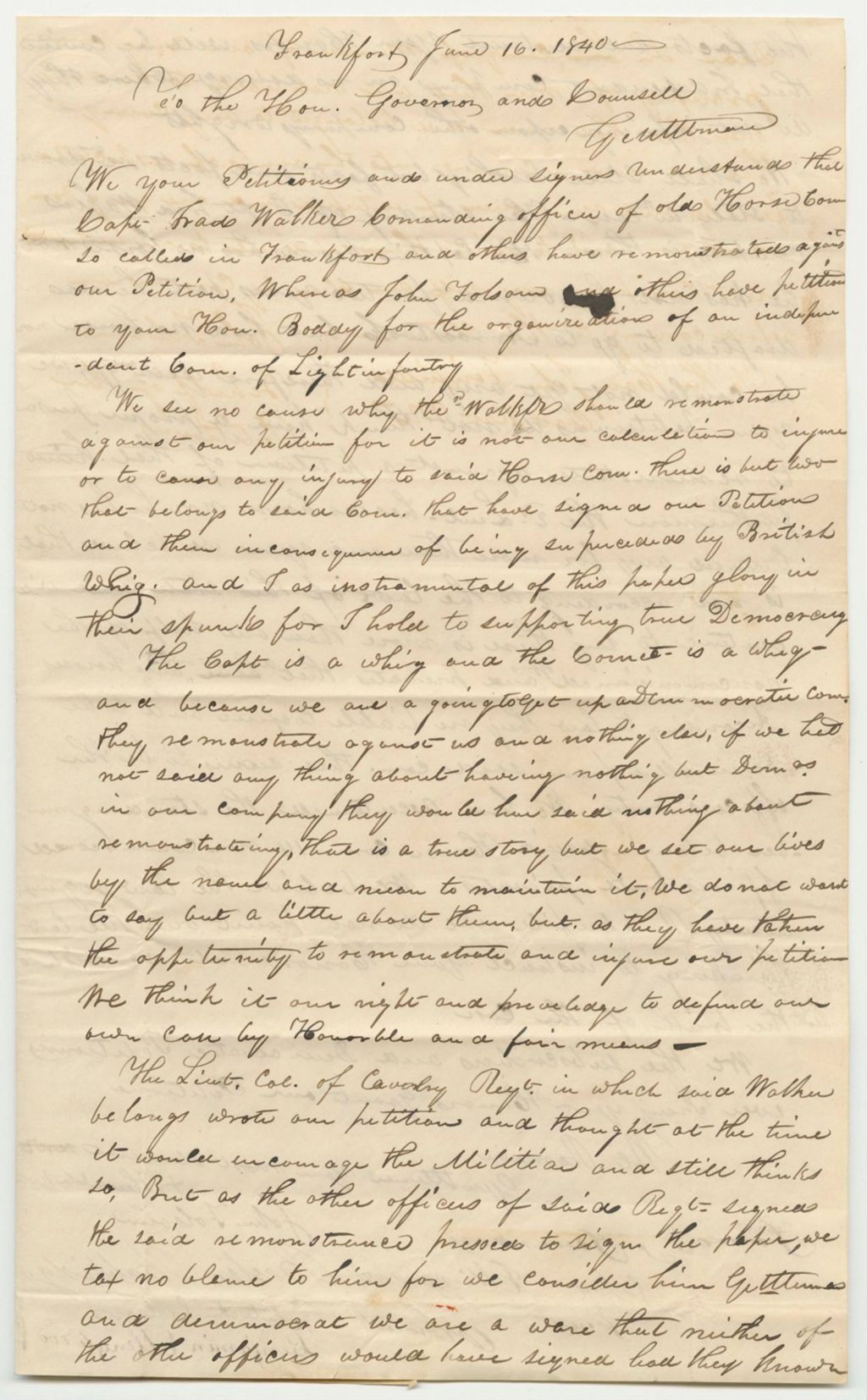Miniature of Communication from John Folsom and Others in Relation to Capt. Walker's Remonstrance Against the Petition for the Organization of a Company of Light Infantry in Frankfort