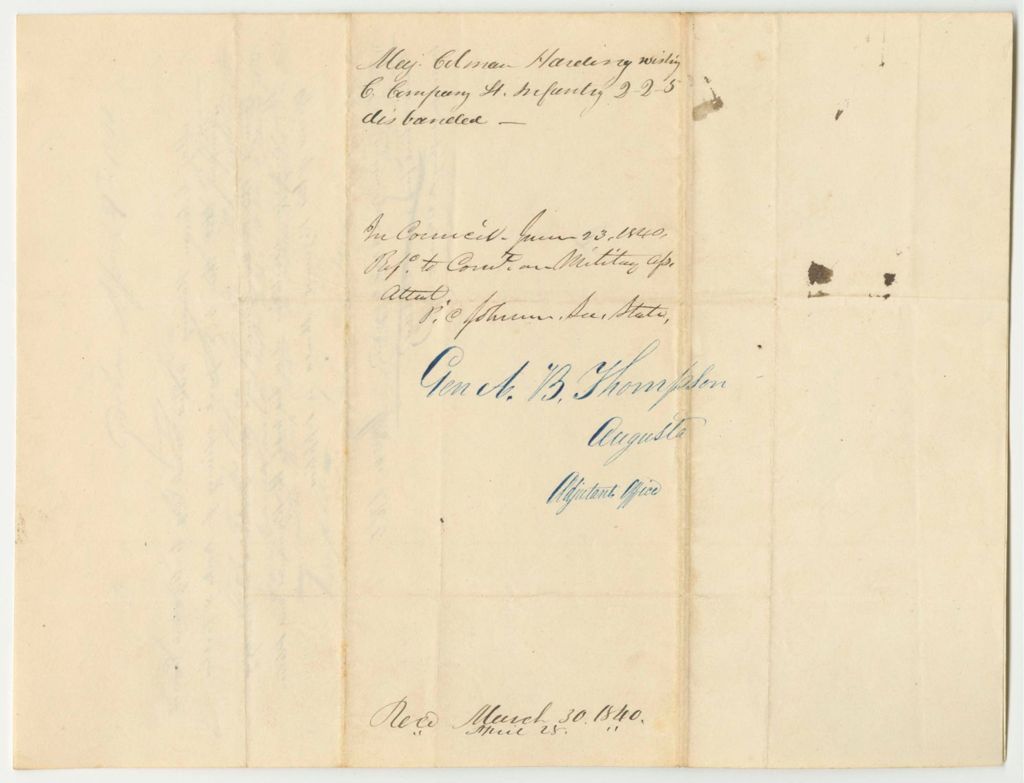 Miniature of Petition of Maj. Colman Harding Wishing the B Company of Light Infantry in Gorham be Disbanded