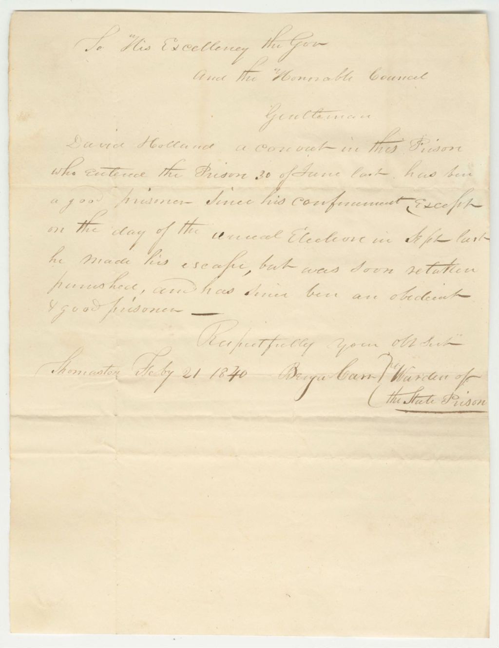 Miniature of Certificate of Benjamin Carr, Warden, on the Conduct of Charles Morse in Prison