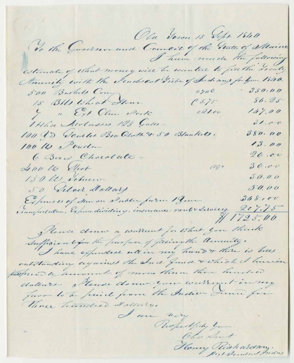 Miniature of Estimate of What Will Be Required to Fill the Treaty Annuity with the Penobscot Tribe of Indians for the Year 1840