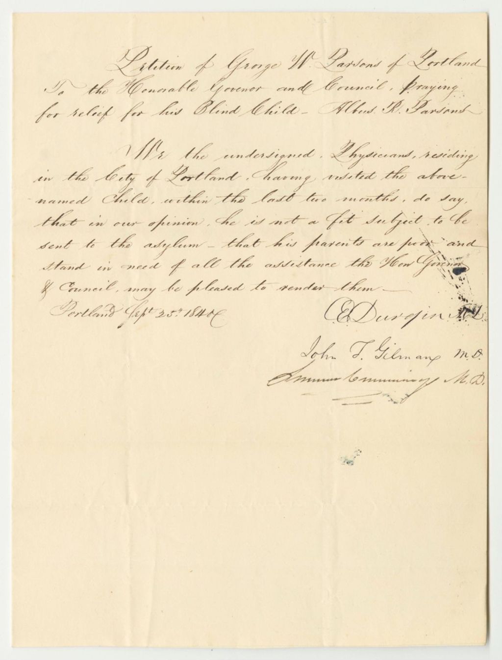Miniature of Petition of George W. Parsons for Assisstance in Supporting His Blind Child