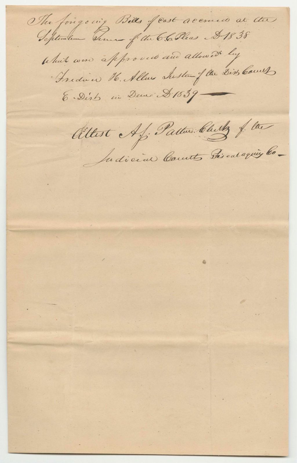 Miniature of Bills of Cost at the Court of Common Pleas in Piscataquis County, September Term 1838