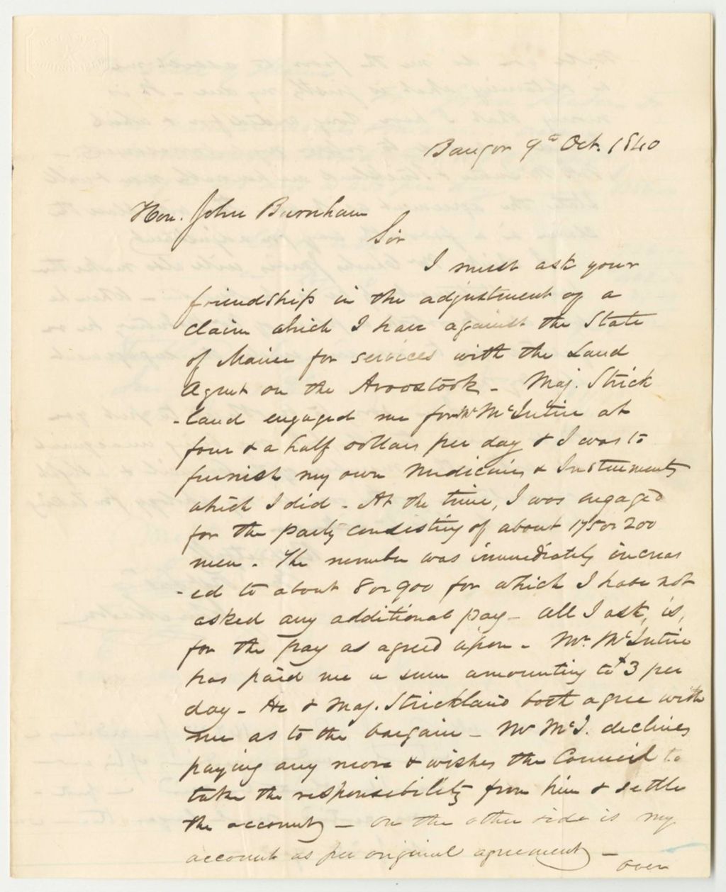 Miniature of Letter from Doctor John Mason Relating to Adjustments in His Claim Against the State for Services on the Aroostook Expedition