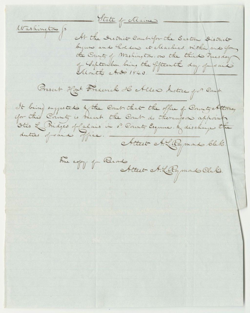 Miniature of Appointment of Otis L. Bridges as Washington County Attorney