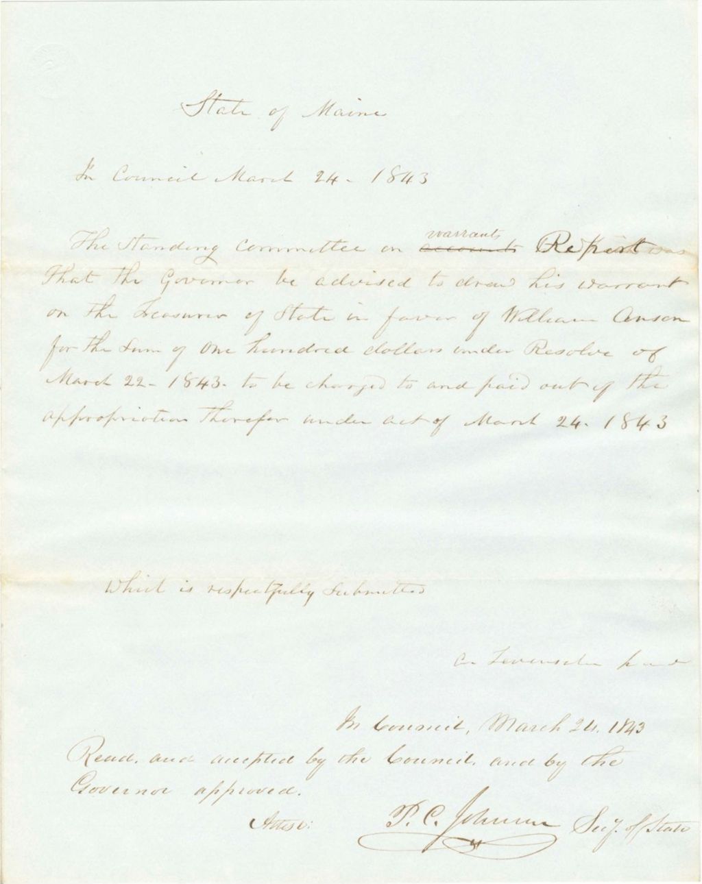 Miniature of Report on the Warrant in Favor of William Anson,for Compiling and Drafting Maps