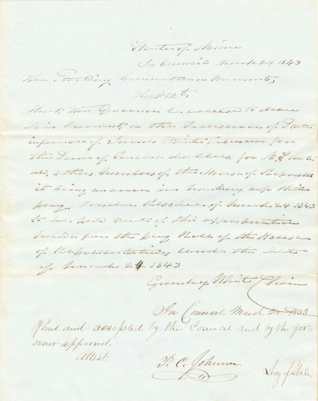 Miniature of Report on the Warrant in Favor of James White, State Treasurer, for the Payroll of the House of Representatives