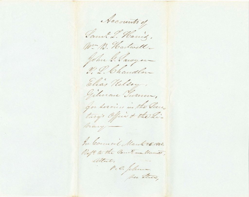 Miniature of Accounts of Samuel L. Harris, W. B. Hartwell, John G. Sawyer, P. C. Chandler, Elias Kelsey, and G. Turner, for Services in the Secretary's Office and the Library