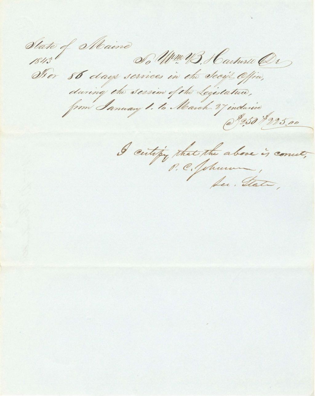 Miniature of Receipt of Payment to W.B. Hartwell for Services in the Secretary of State's Office