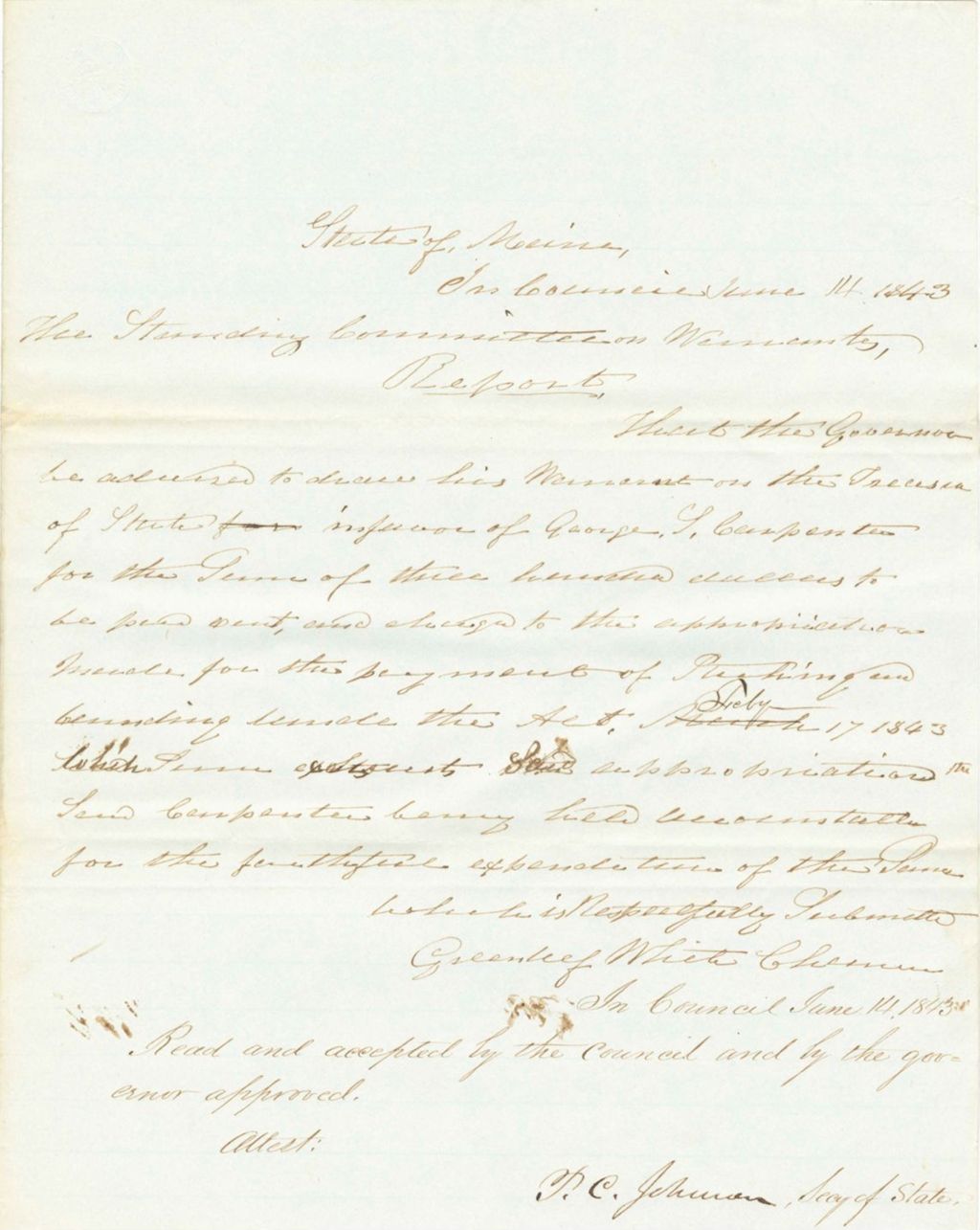 Miniature of Report on the Warrant in Favor of G.S. Carpenter, for Stitching and Binding