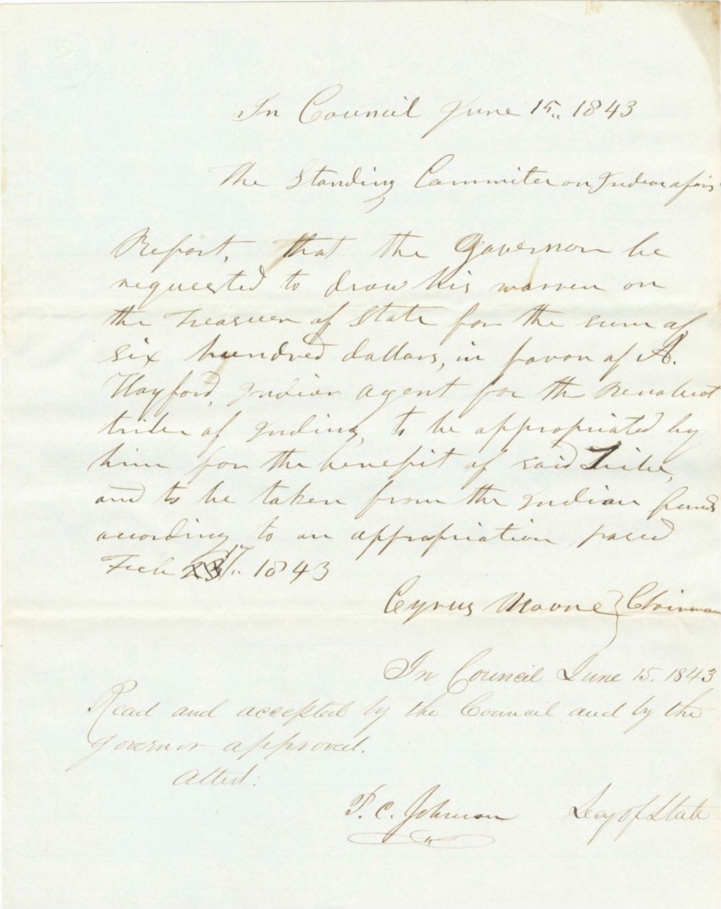 Miniature of Report on the Warrant in Favor of A. Hayford, Agent of the Penobscot Indians